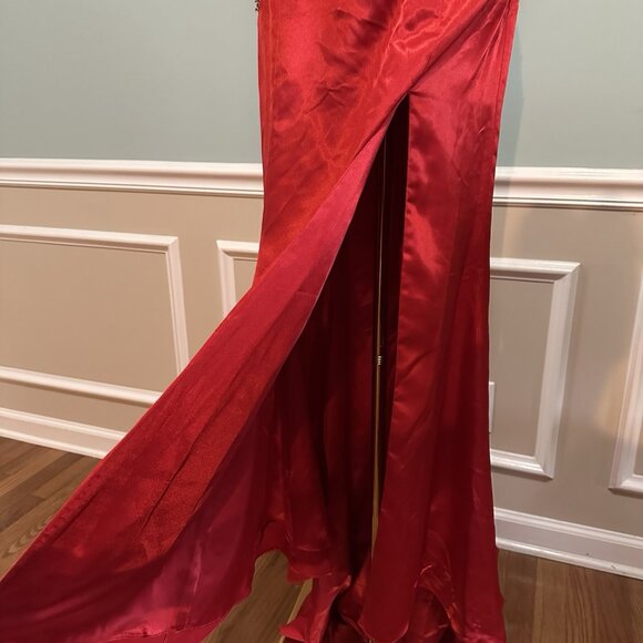Women 6 Long Red Satin Beaded Formal Dress Evening Gown Strapless Glam Prom Gala - Picture 13 of 14